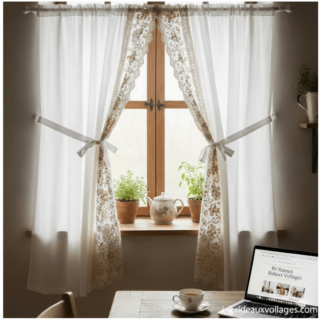 "Rideau Bonne Femme" (Cottage/Tie-Back Curtain): Embroidered or Macramé Trim for an Elegant Interior